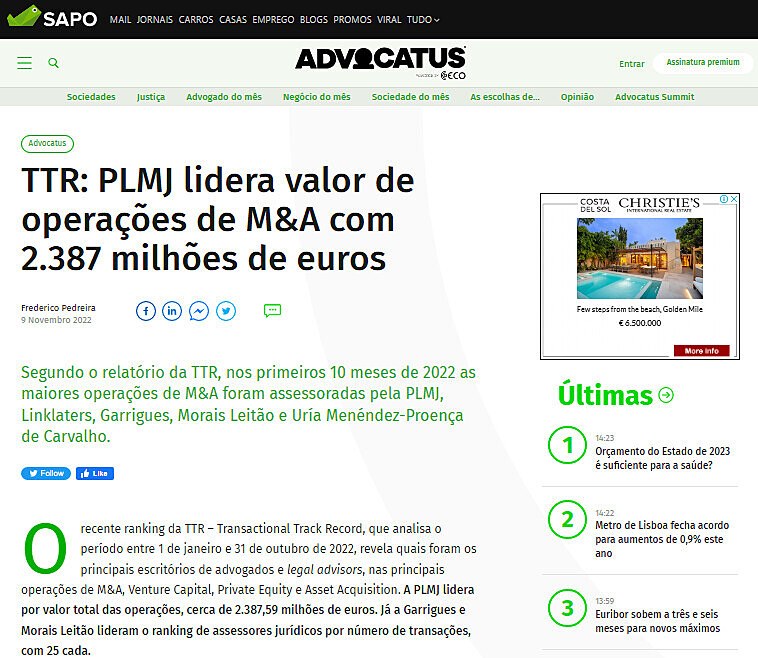 TTR: PLMJ lidera valor de operaes de M&A com 2.387 milhes de euros